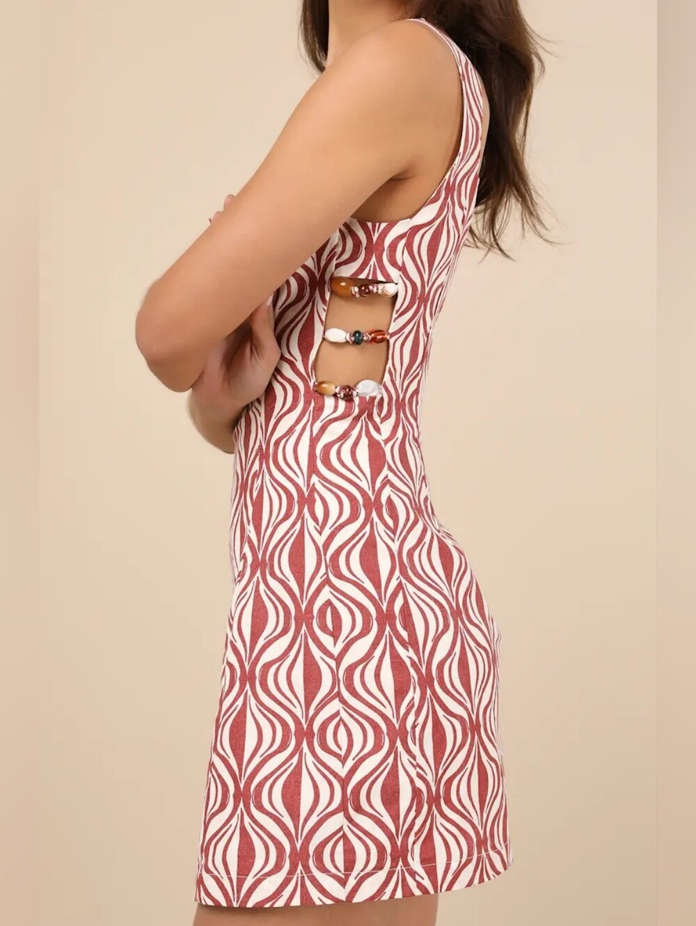 Lulu's Rust and White Beaded Cutout Mini Dress